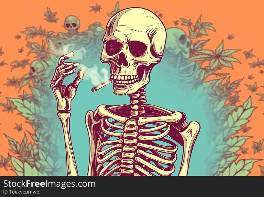 skeleton smoking marijuana abuse evil degradation destruction of brain cannabis smoke drug weed intoxication ai generative illustr