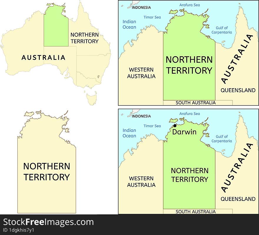 Northern Territory state location on map of Australia. Capital city is Darwin