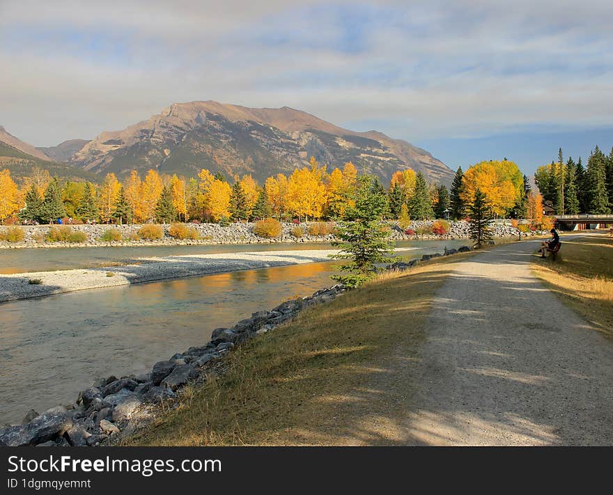 Bow river and gravel walk path, Canmore Alberta