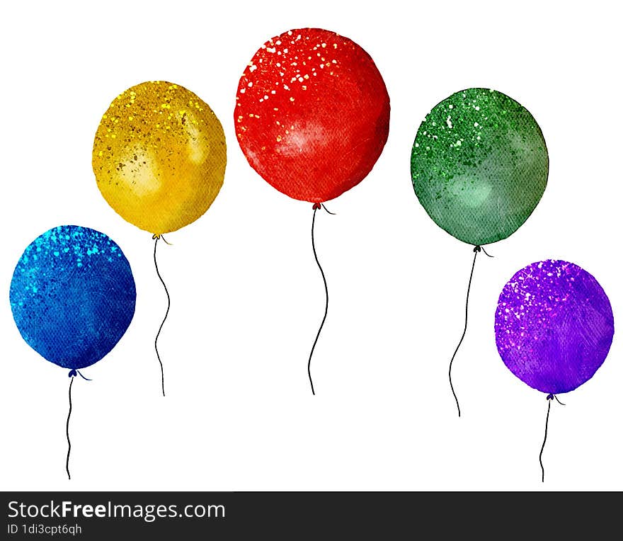 Colorful Hand Painted Watercolor Balloons On White Background