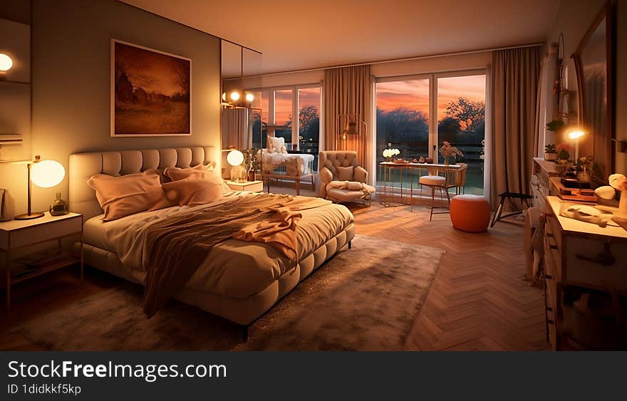 Step into a tranquil morning scene with this inviting image of a cozy bedroom adorned in warm-toned hues. The soft morning light gently illuminates the room,creating a soothing ambiance that promotes relaxation and comfort. Step into a tranquil morning scene with this inviting image of a cozy bedroom adorned in warm-toned hues. The soft morning light gently illuminates the room,creating a soothing ambiance that promotes relaxation and comfort.
