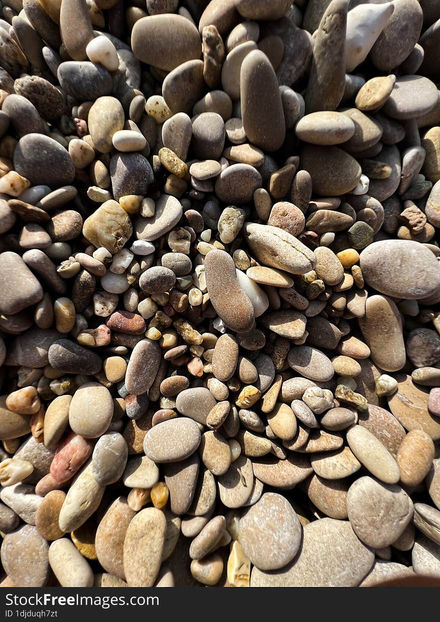 Smooth Sea Stones Of Gray Color. Summer Beach. Dry Shore.