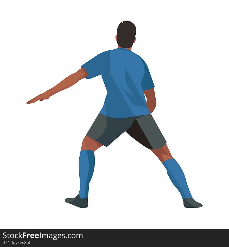 African football athlete in a blue T-shirt stands with his back and catches the ball