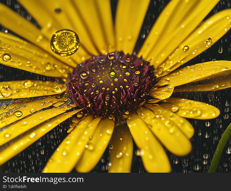 Yellow daisy with raindrops. Close up yellow osteospermum in the rain. Macro flower in the rain.