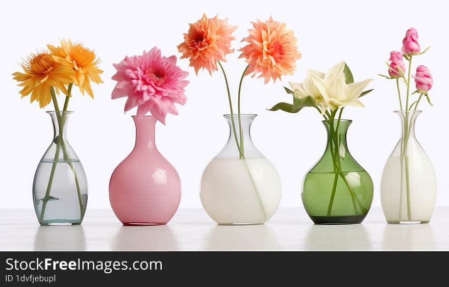 Colorful Spring Flower In Vases On A White Background.