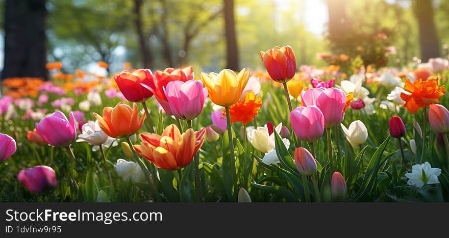 Colorful Tulip Flowers Blooming In The Garden. Spring Landscape.