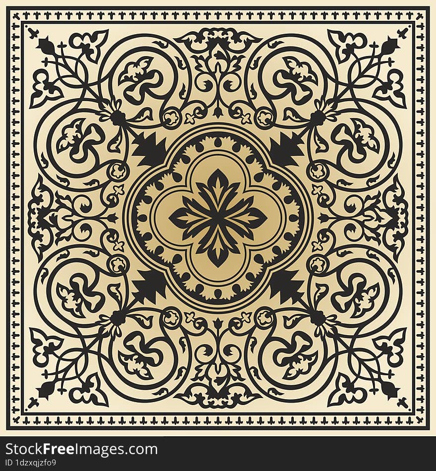 Vector Gold And Black Square Byzantine Ornament. Tiles Of Ancient Greece And The Eastern Roman Empire. Decoration Of The Russian O