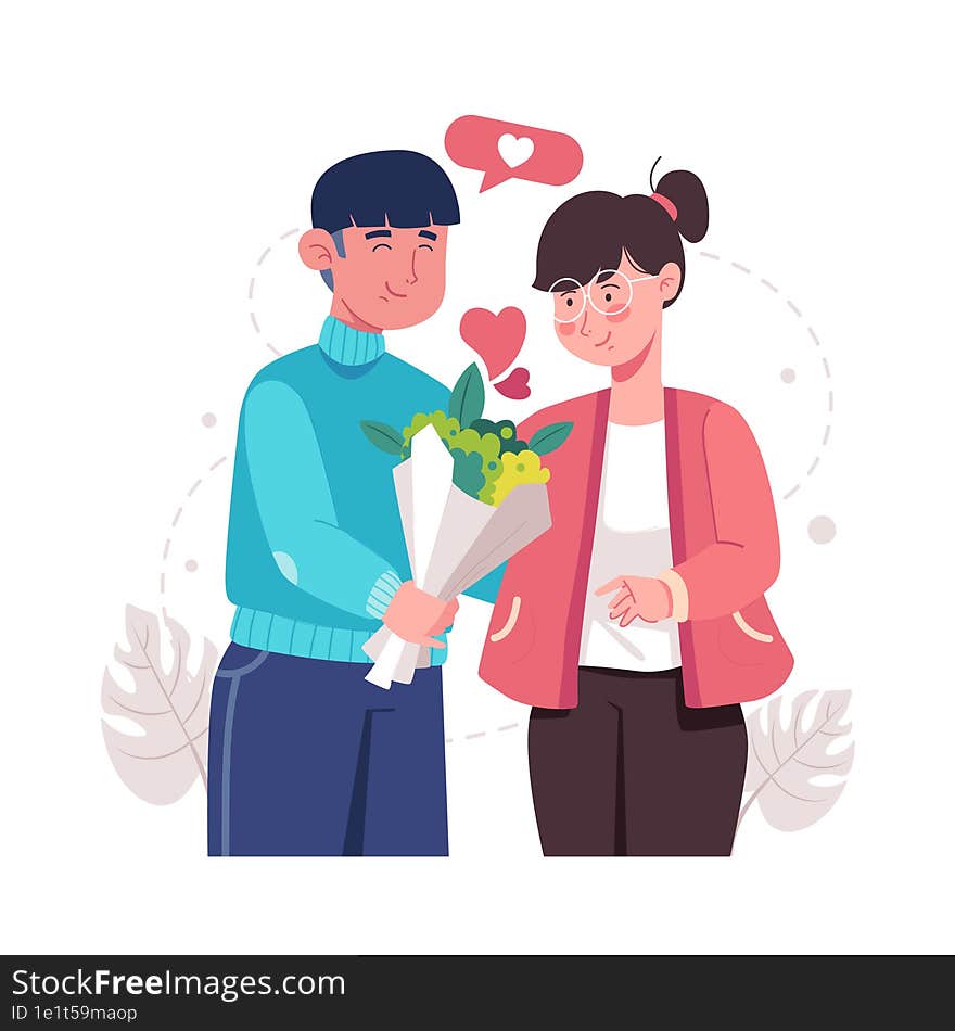 Young lover with heart shapes and bunch of flowers on Valentine day. Happy young couple portrait. Romantic man gives a bunch of flowers to his darling girlfriend