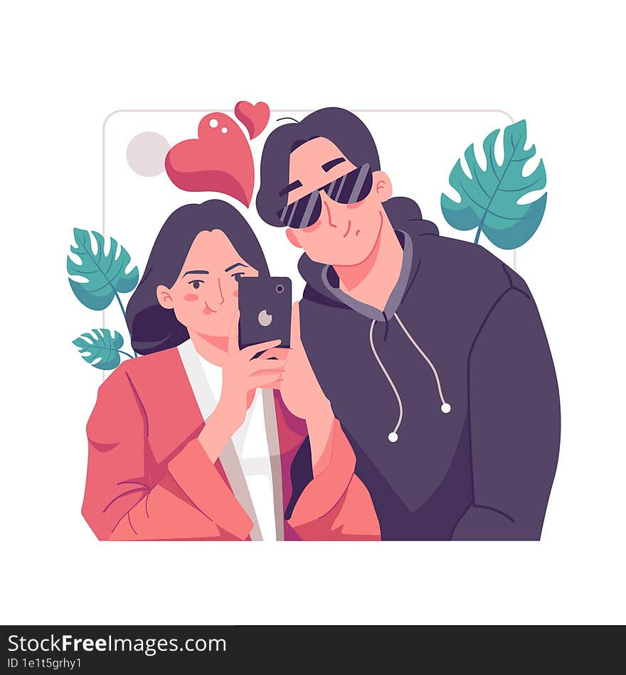 A romantic girlfriend is taking selfie with her darling boyfriend with great passion. Happy young couple portrait. Valentine and Happy Anniversary concept