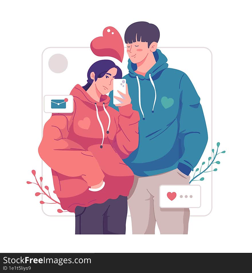 Young romantic girlfriend is taking selfie with her darling boyfriend with great passion. Happy young couple portrait. Valentine a