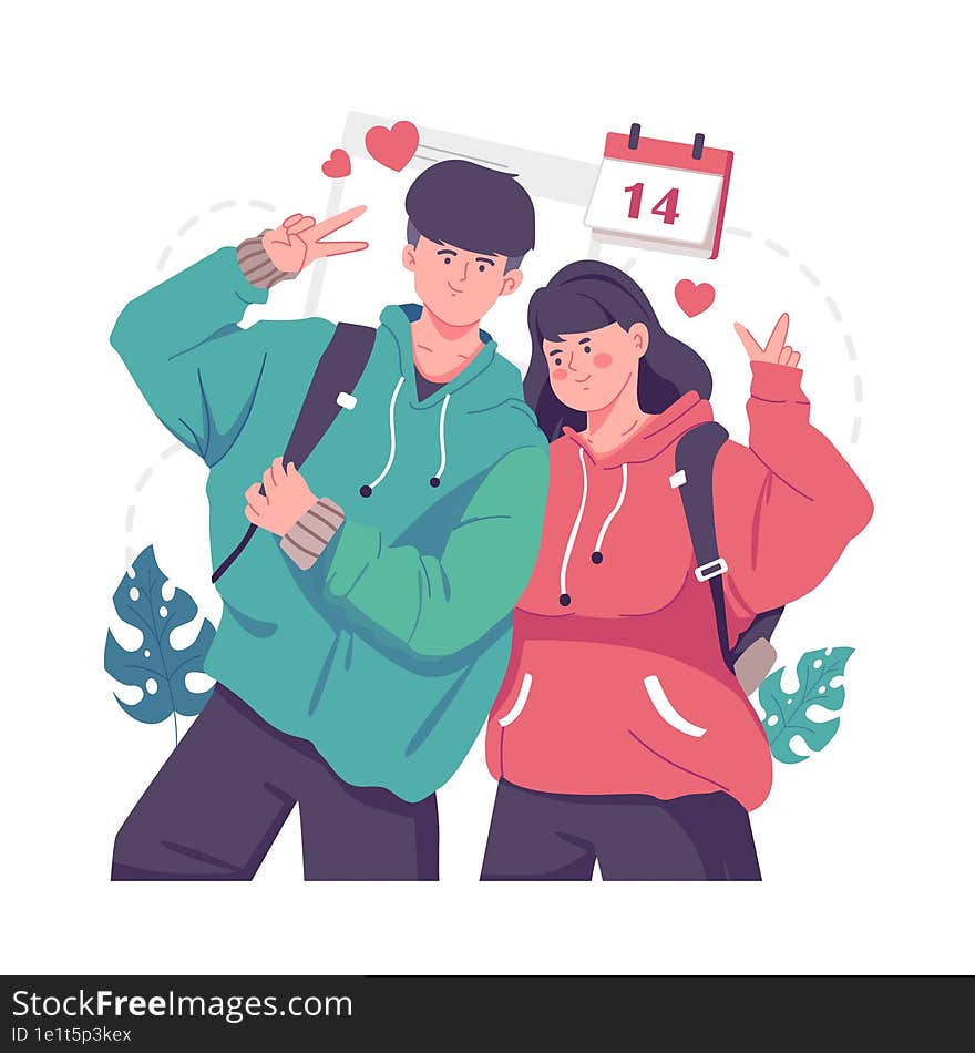 Young romantic man is taking photograph with his darling girlfriend on Valentine Day. Happy young couple portrait. Happy Anniversary Concept