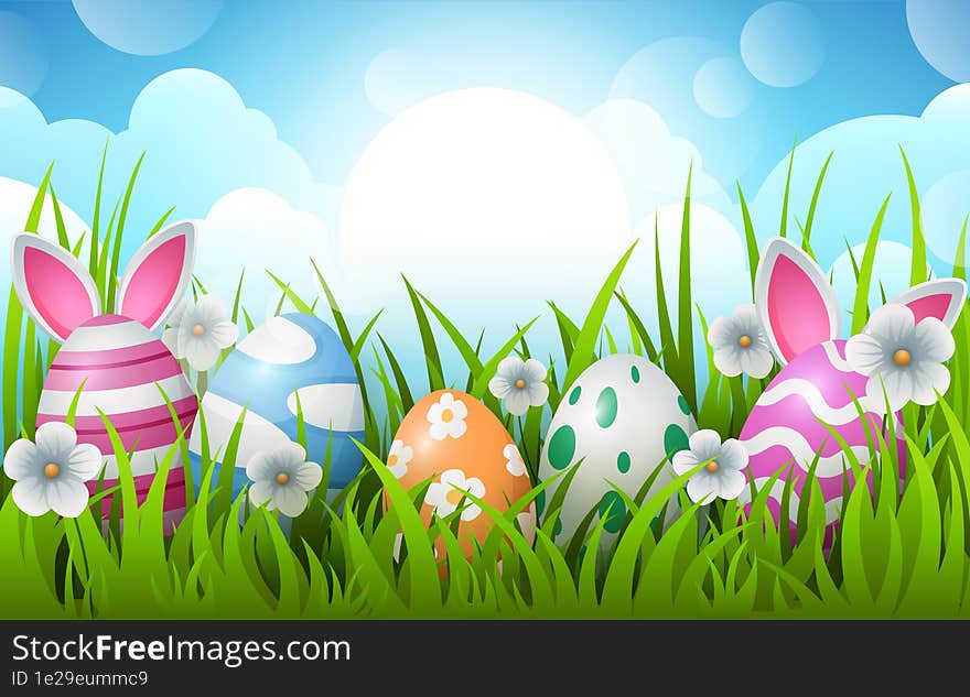 Happy Easter background with decorated Easter eggs and bunny ears. Traditional colored Easter eggs with green grass, flowers and sky background