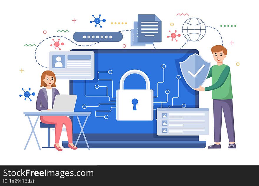 Digital data protection design illustration. Cyber security illustration background. Cloud computing network safety concept