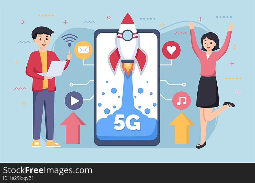 Mobile wireless 5th generation technology background design illustration. 5G banner of wireless system, internet of things, big data and traffic. 5G wireless network technology concept