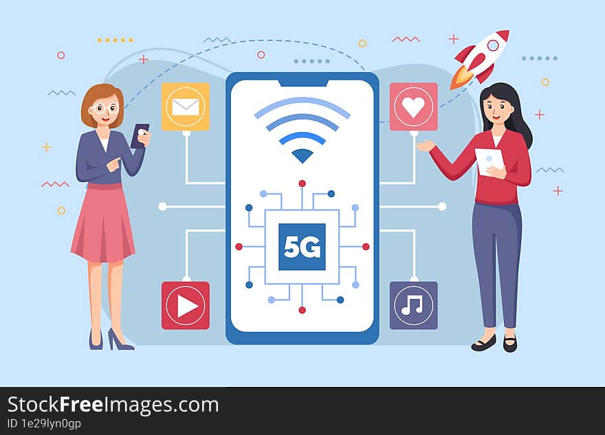 Mobile wireless 5th generation technology background design illustration. 5G banner of wireless system, internet of things, big data and traffic. 5G wireless network technology concept