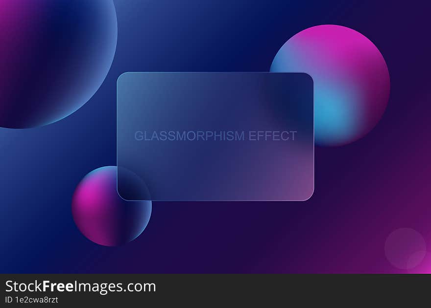 Glassmorphism effect. Transparent layout in glass morphism or glassmorphism style with neon balls. Blurred card or frame. Vector illustration