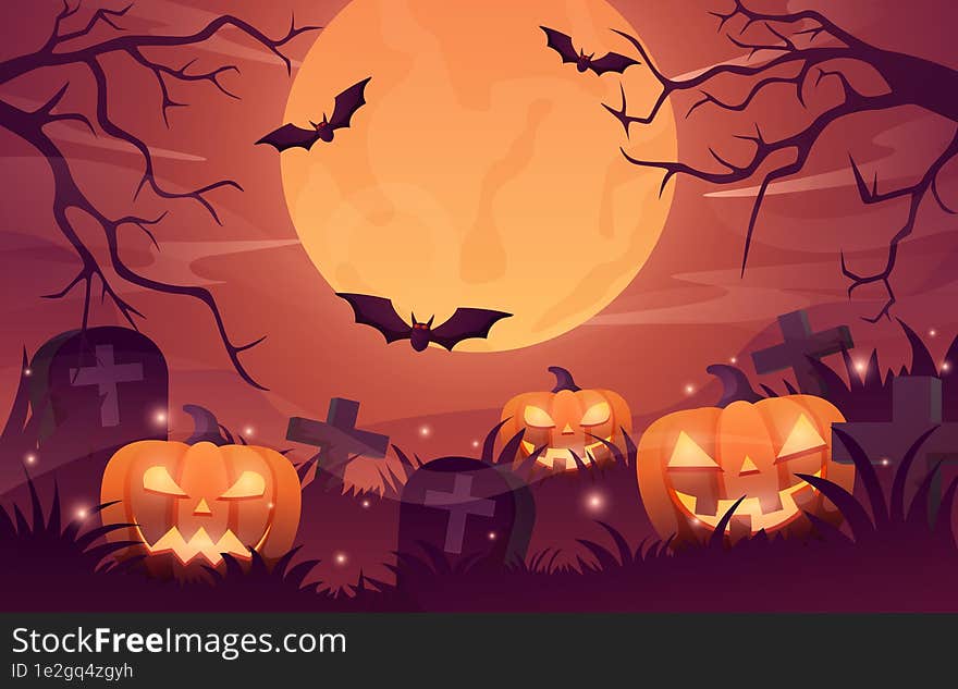 Halloween background illustration with glowing pumpkin, scary night landscape of graveyard under the moonlight