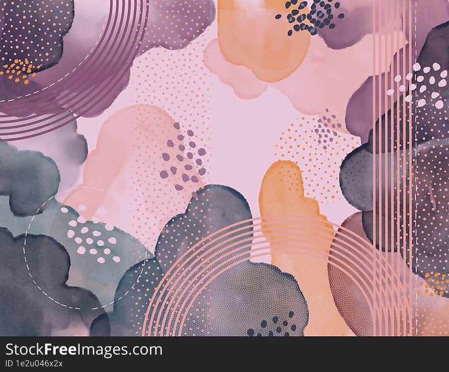 Watercolor Abstract background on purple colors with dots and line