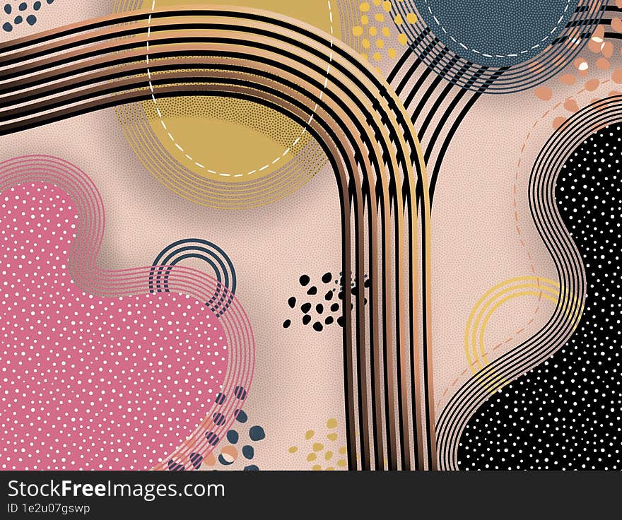 Abstract background on pastel colors with dots and line, magenta, yellow, black