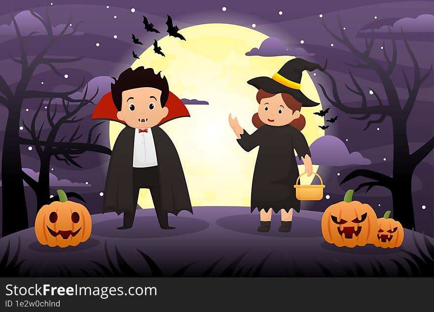 Happy Halloween background design illustration with kids in Halloween costumes.