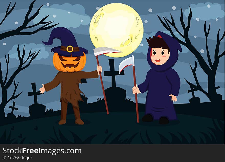 Happy Halloween background design illustration with kids in pumpkin and devil Halloween costumes. Treat or trick fantasy fun party