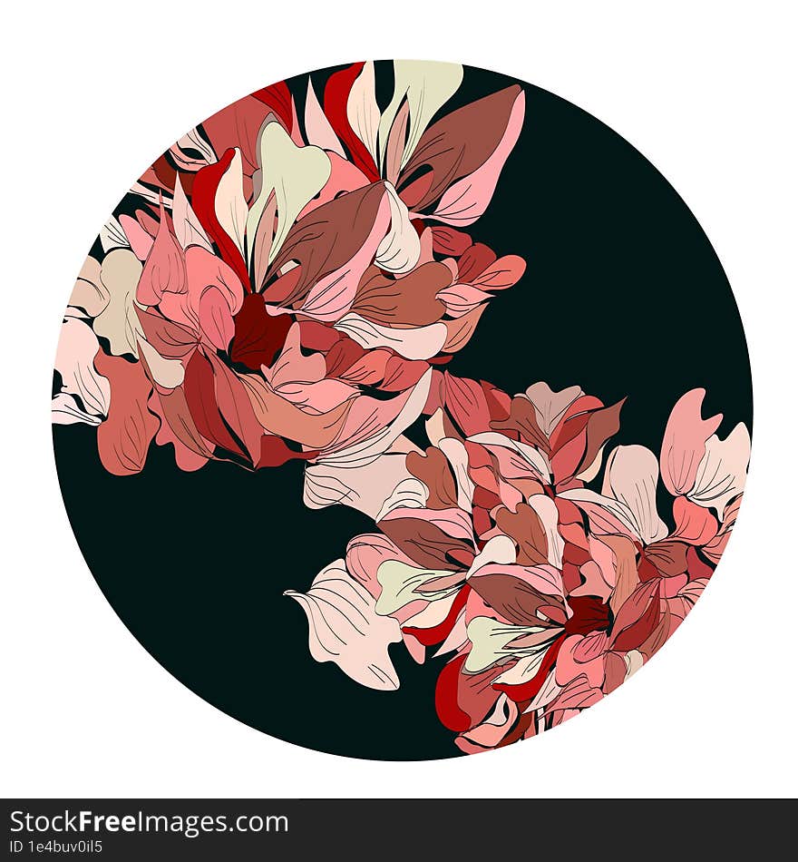 Circle decorative multicolored flowers in Japanese style on black background for your designs and ideas,graphic element