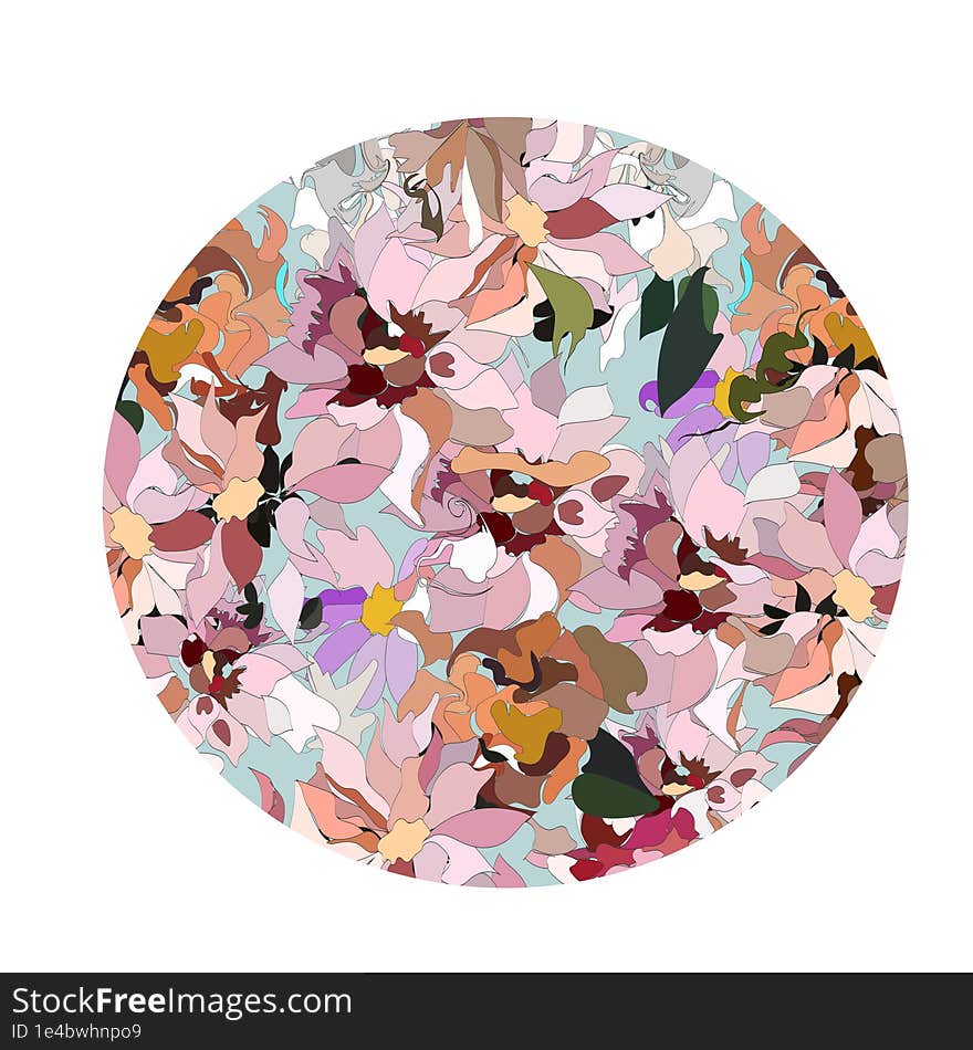 Decorative circle with multicolored flowers in cartoon style for your designs and ideas,graphic element