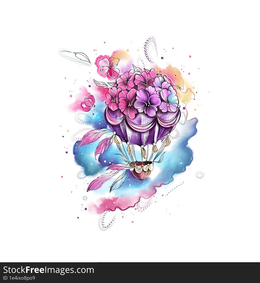 Flower air balloon, watercolor style illustration Rainbow colors