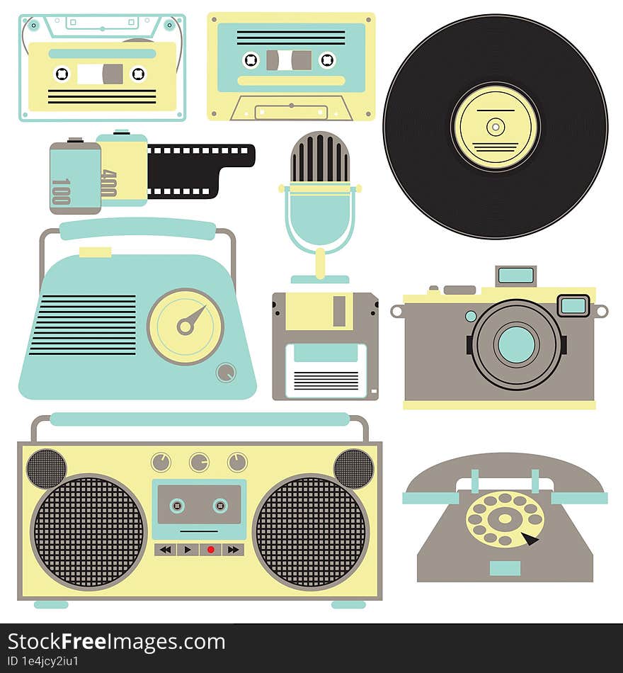 90s gadget icons in flat style. Retro camera with film, cassette, radio, record, microphone, floppy disk, telephone and tape recor