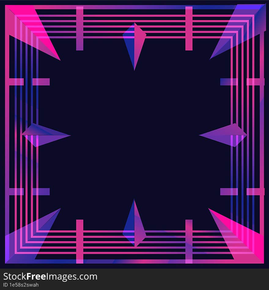 Lines Frame Template Border, Pink Glowing Border with Crystal Flat Artwork, Dark Purple Background