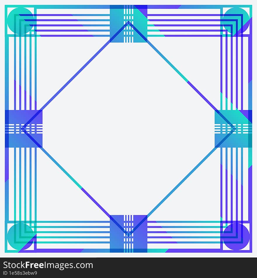 Lines Frame Template Border, White Background with Squared Neon Cyan and Dark Blue Pattern