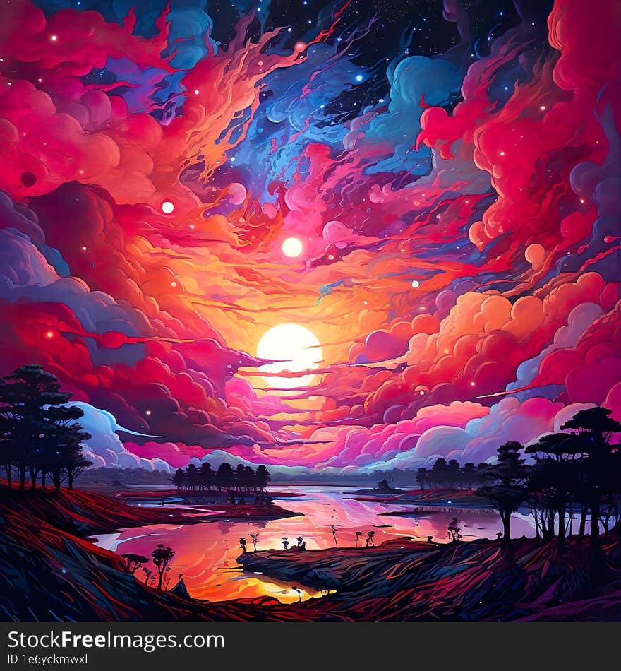 created with ai sunset coloful landscape art design illustration. created with ai sunset coloful landscape art design illustration