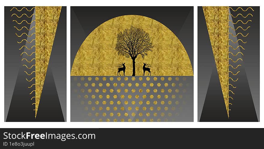 Modern canvas artwork. black background and golden triangles. circle and wavy lines. black tree and deer. for bedroom wall decoration