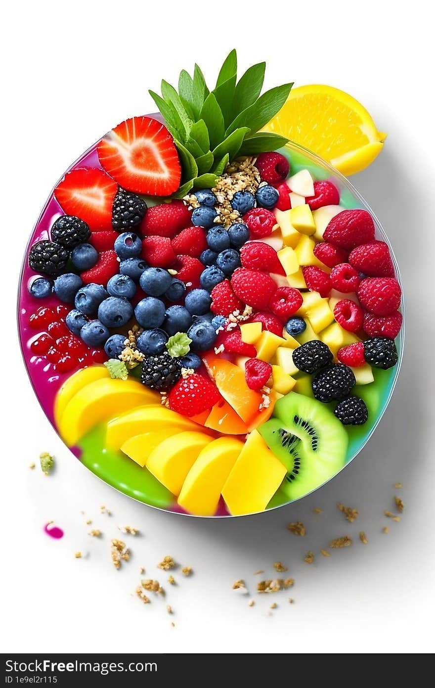 A visually striking rainbow smoothie bowl, topped with a variety of colorful fruits and toppings