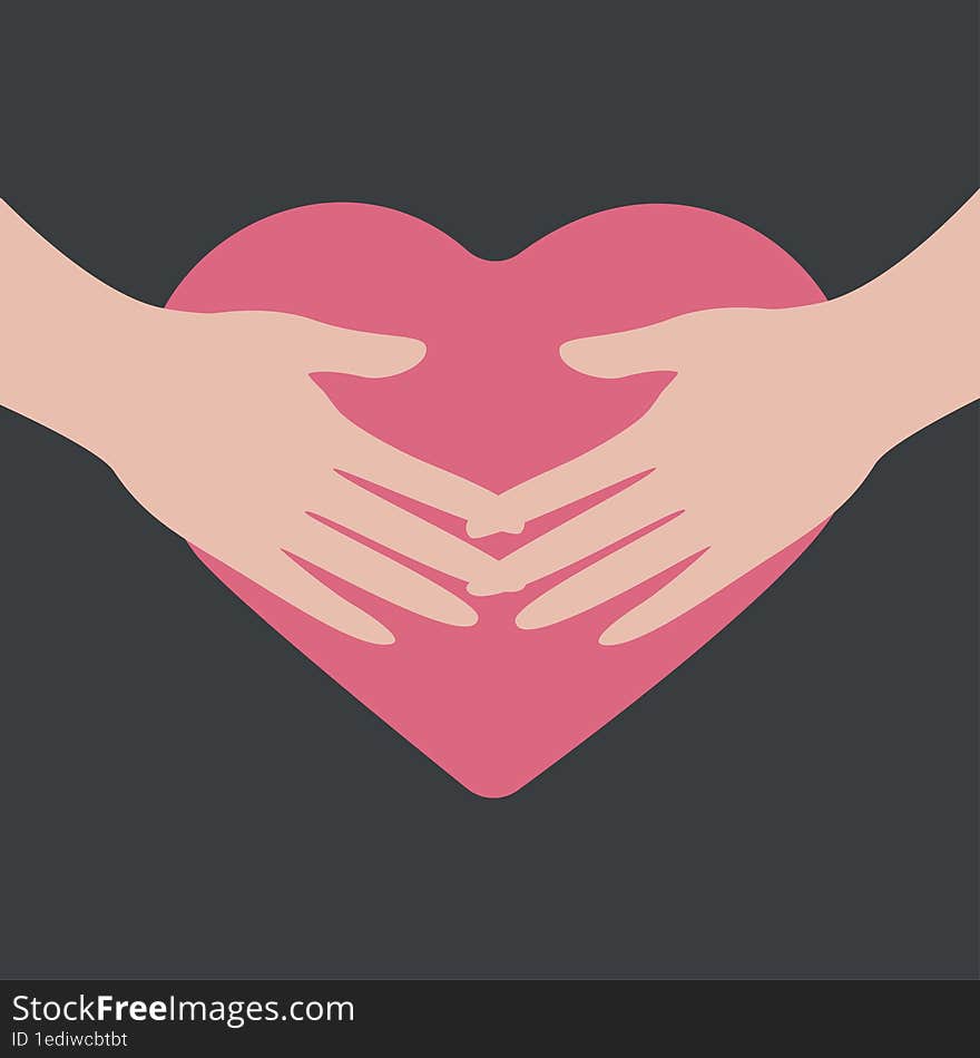 Two hands hold a large pink heart on a gray background in a minimalist style, the theme of care, love, support