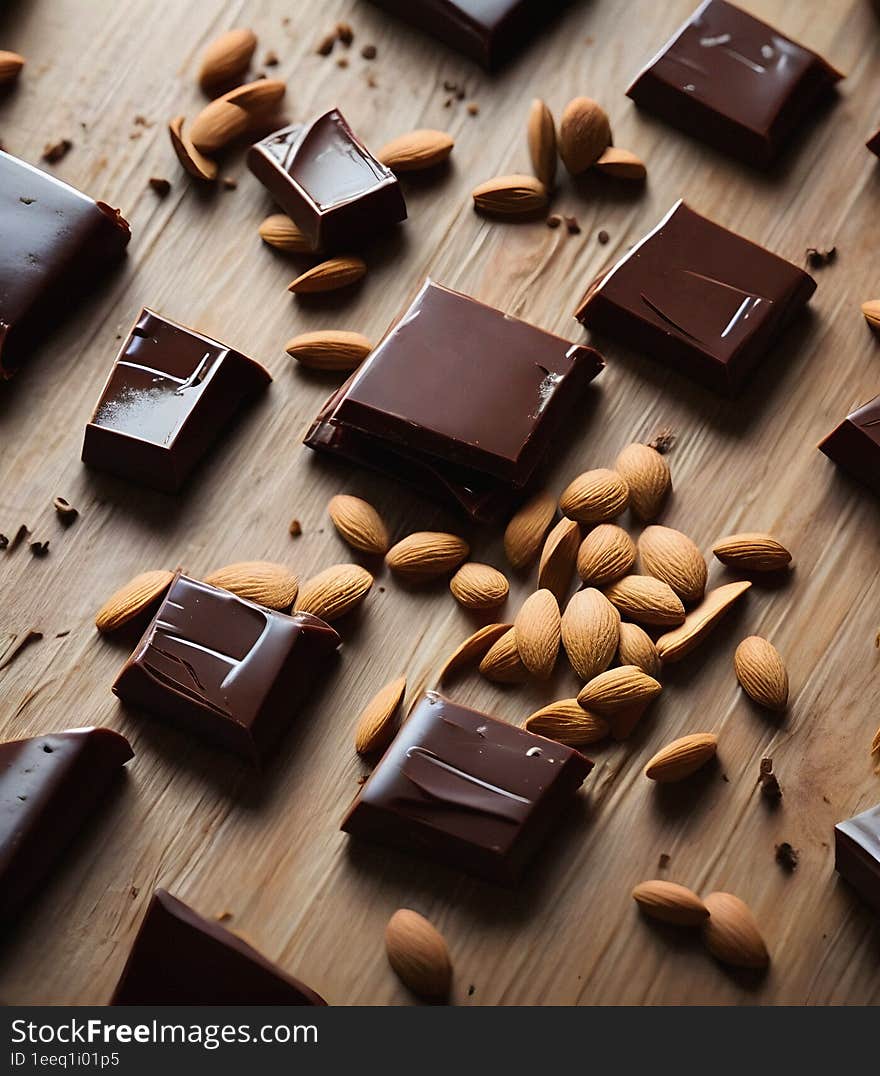 Chocolate with Almonds over wooden table