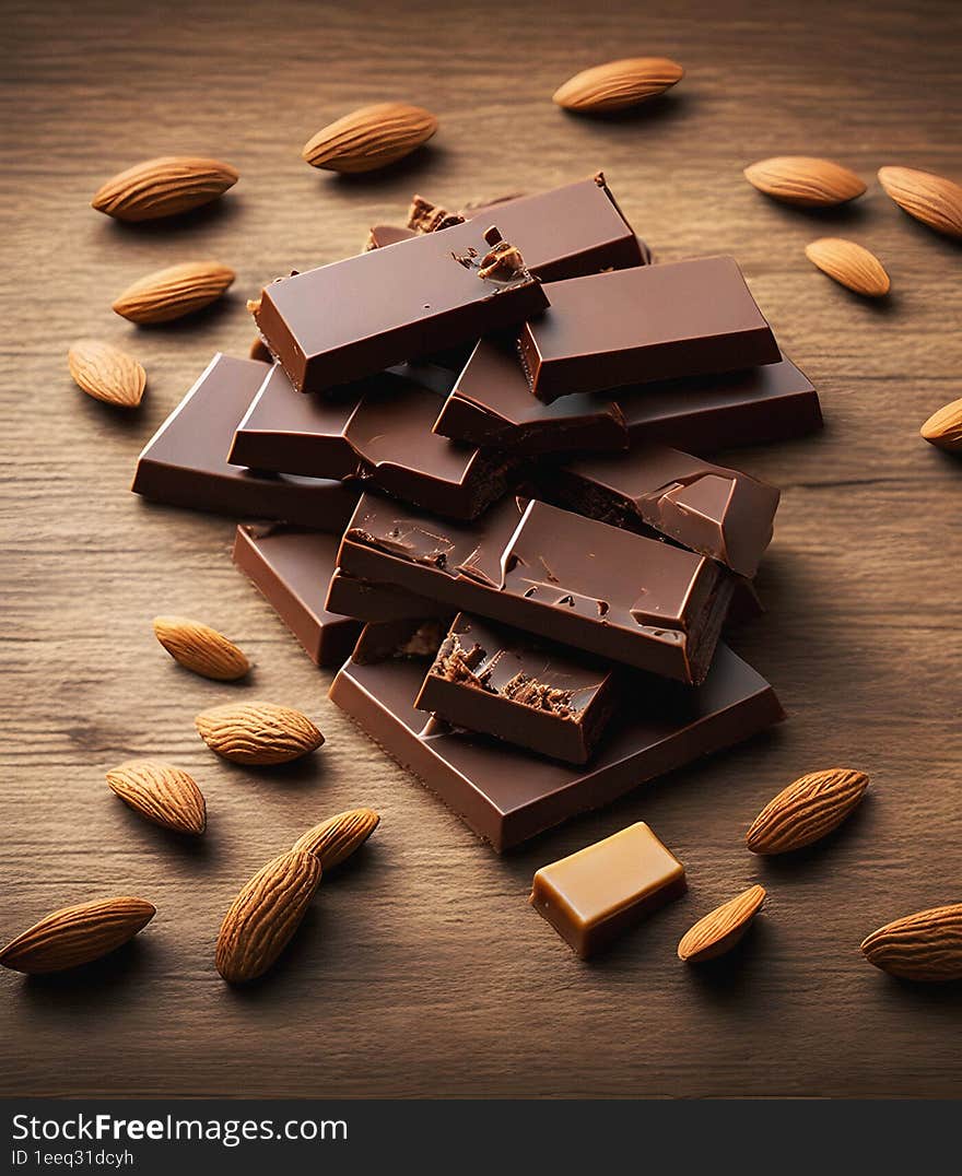 Chocolate with Almonds on wooden background