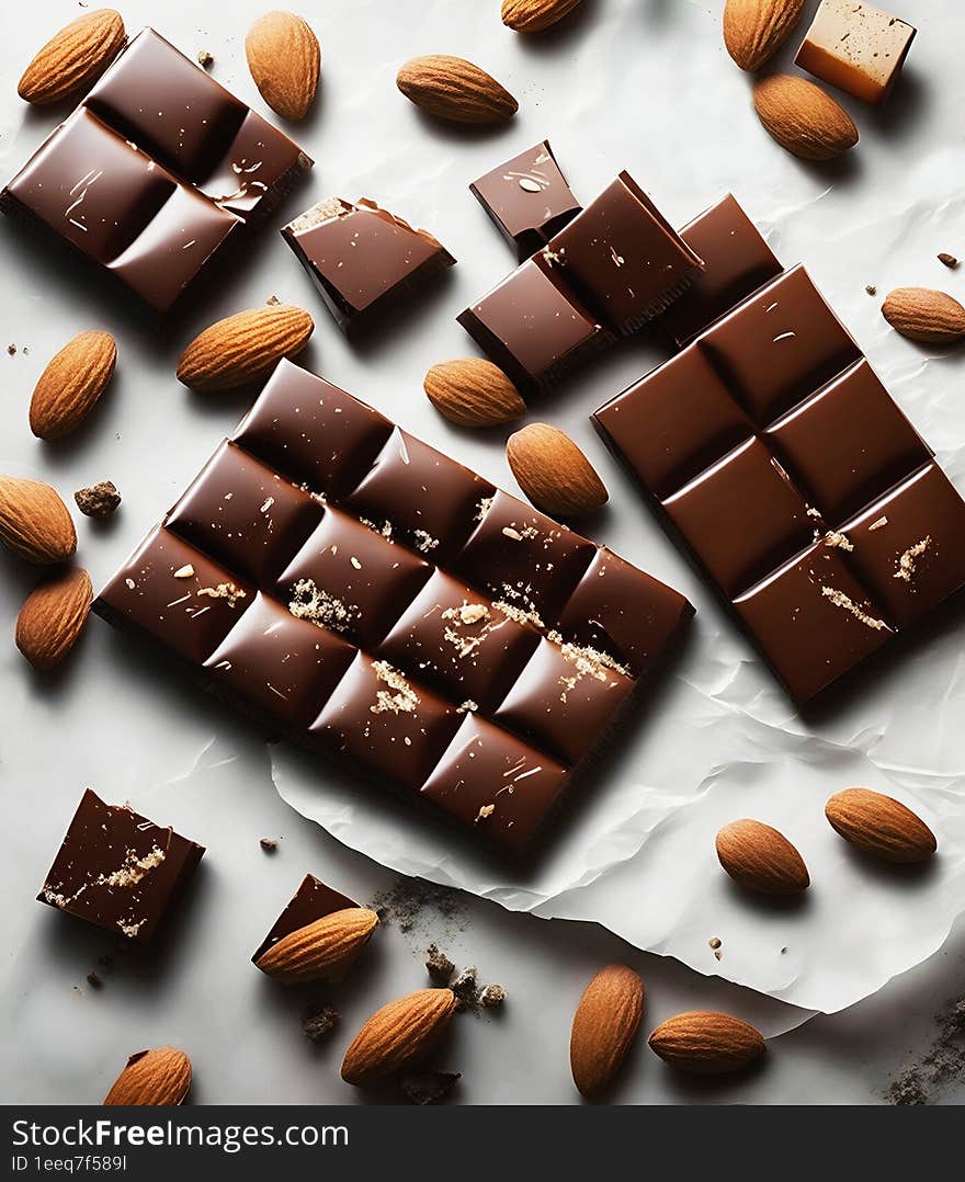 Chocolate With Almonds Over A White Marble Table