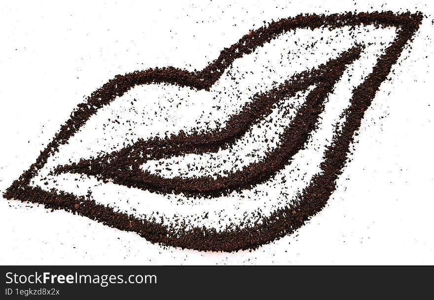 Smile lips. Coffee powder drawing on a white background.