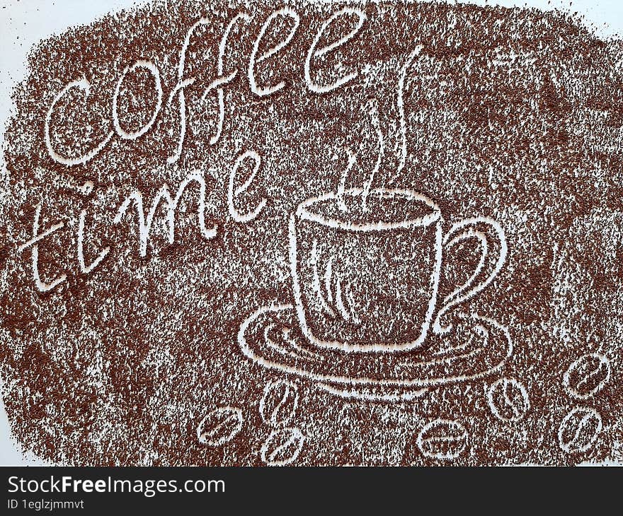 A cup of fragrant hot coffee and the text & x22 coffee time& x22 . Coffee powder drawing on a white background.