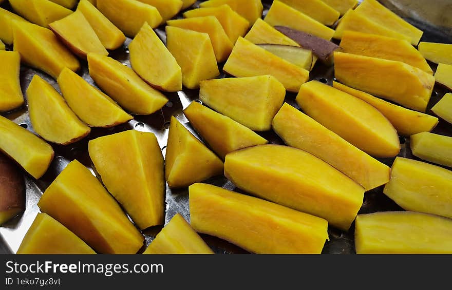 Freshly steamed sweet potato chunks.