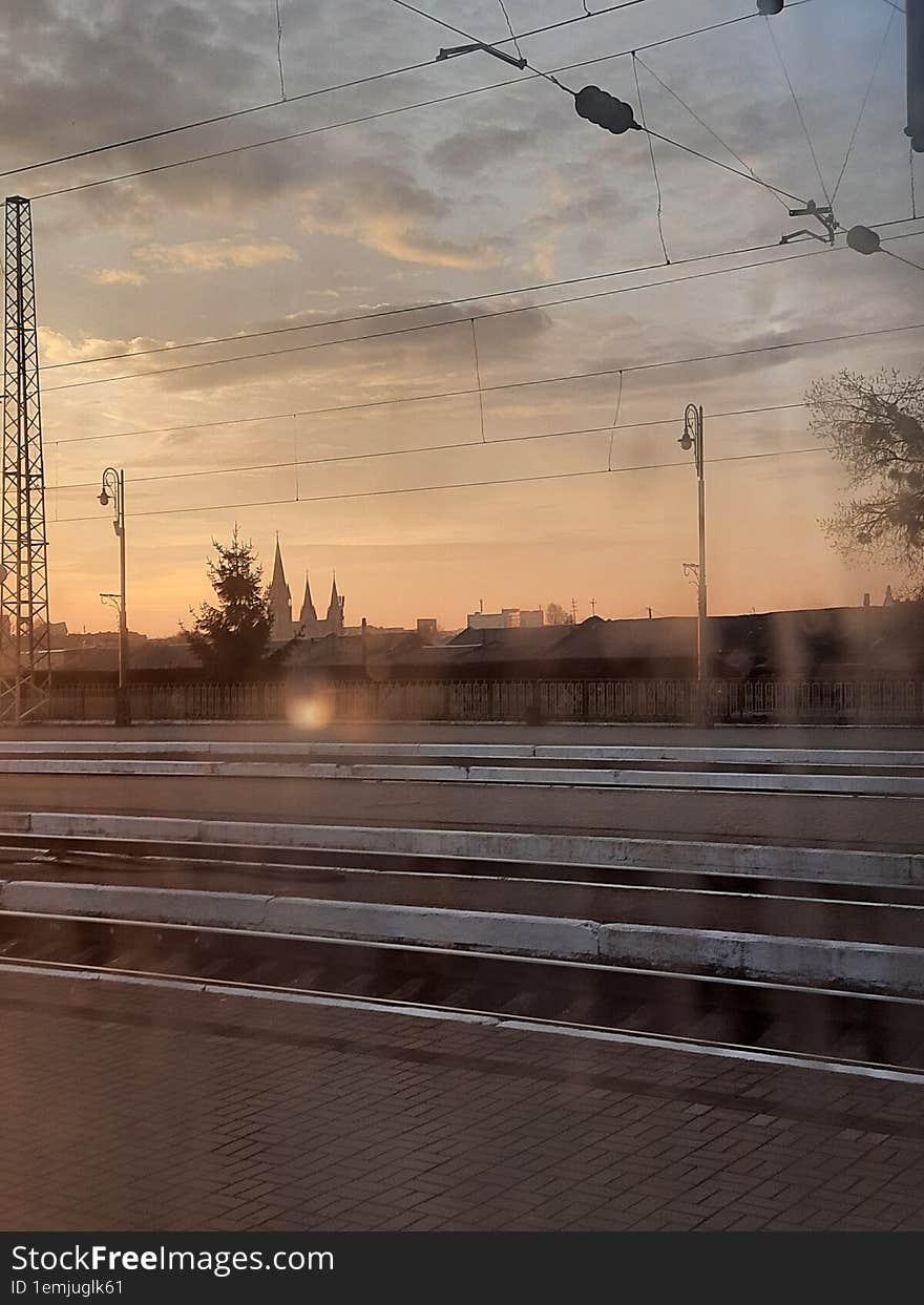 Dawn over the old city from the train window