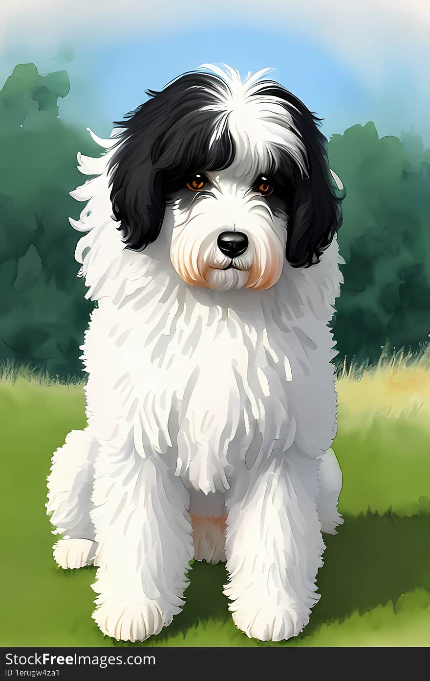 Adorable Baby Old English Sheepdog Watercolor Painting in the Garden.