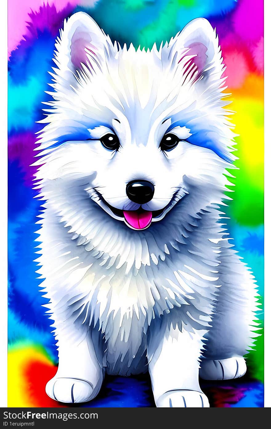 Whimsical Baby Samoyed Watercolor Painting Rainbow