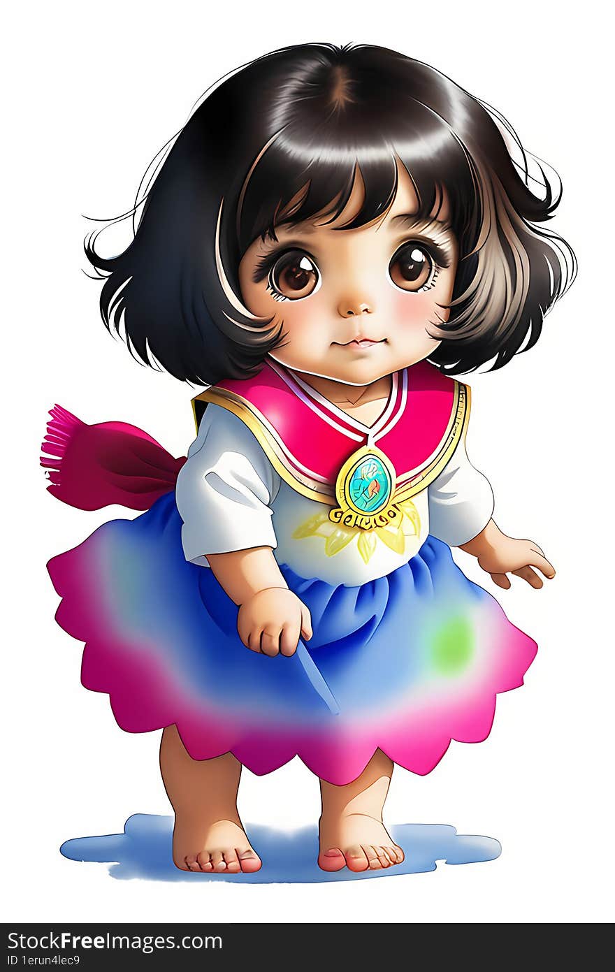 Adorable Baby Girl in Rainbow Dress Watercolor Painting