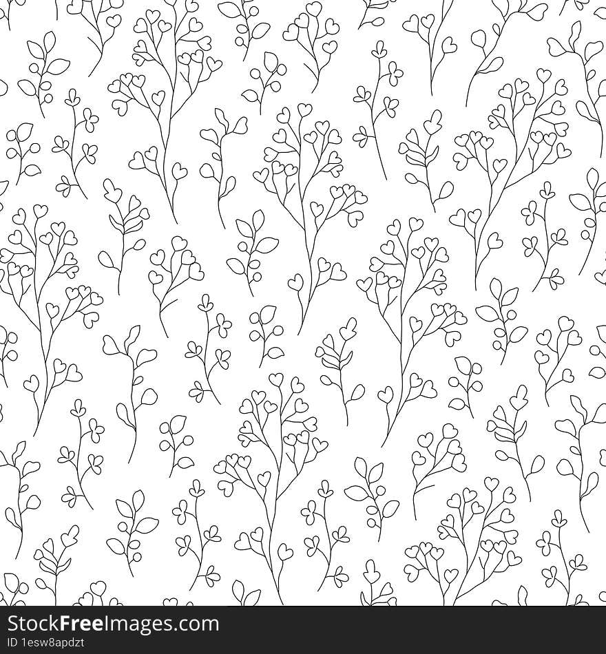 Vector seamless pattern with hand drawn wild flowers. Seamless linear texture with decorative leaves. Endless hand drawn black and