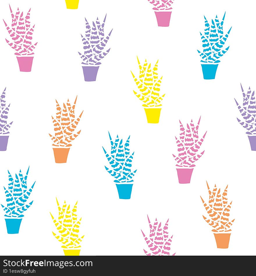 Cactus Vector Seamless Pattern. Nature. Hand Drawn Cacti In Pots. Desert Floral Background. Multicolor Cacti Print In The Scandina