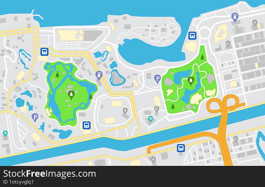 Flat City Navigation Map, Streets Parks and River with Top View, Vector Illustration