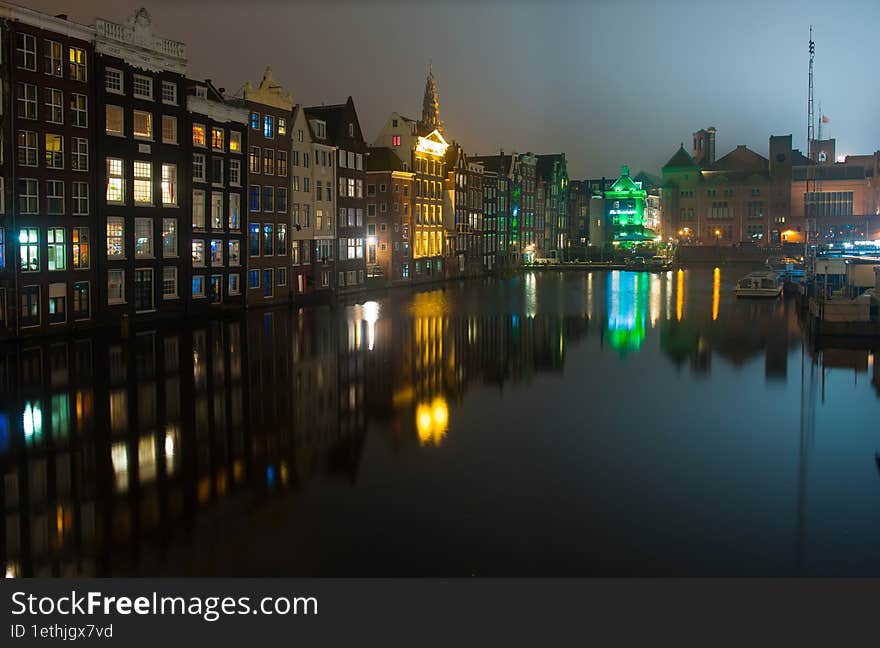 AMSTERDAM,  HOLLAND - OCTOBER 21: Night view of the city of Amsterdam and its canals