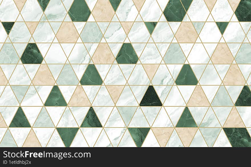 Modern Wall Decor Wallpaper. 3d Abstract, Beige Lines  And Green, Beige Marble Triangles Shapes.